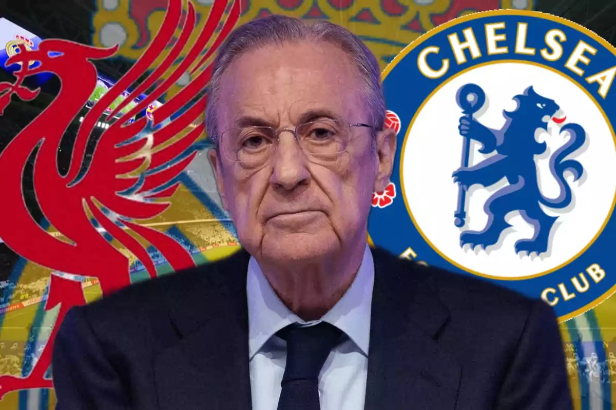 Gray-haired man with glasses in the foreground with the Liverpool and Chelsea crests in the background