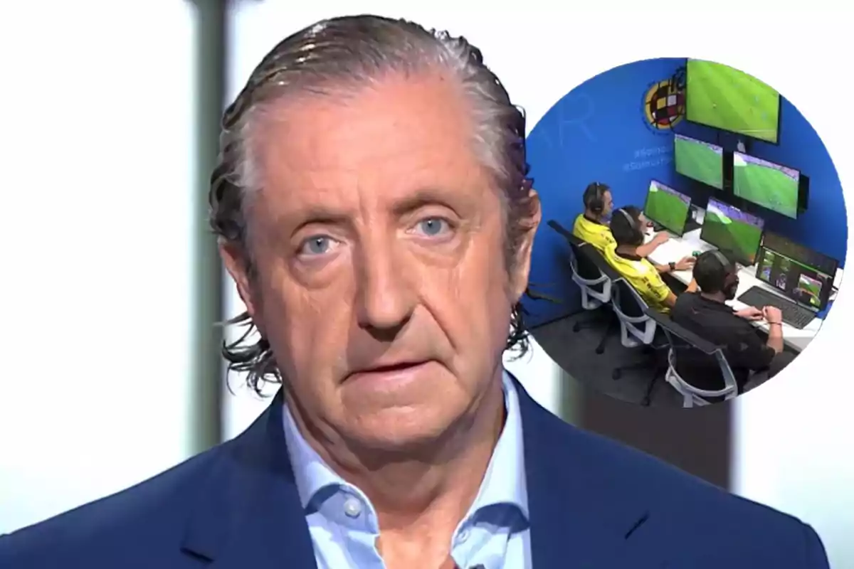Gray-haired man with a serious expression in the foreground, and in the upper right corner an image of referees reviewing VAR monitors in a control room.