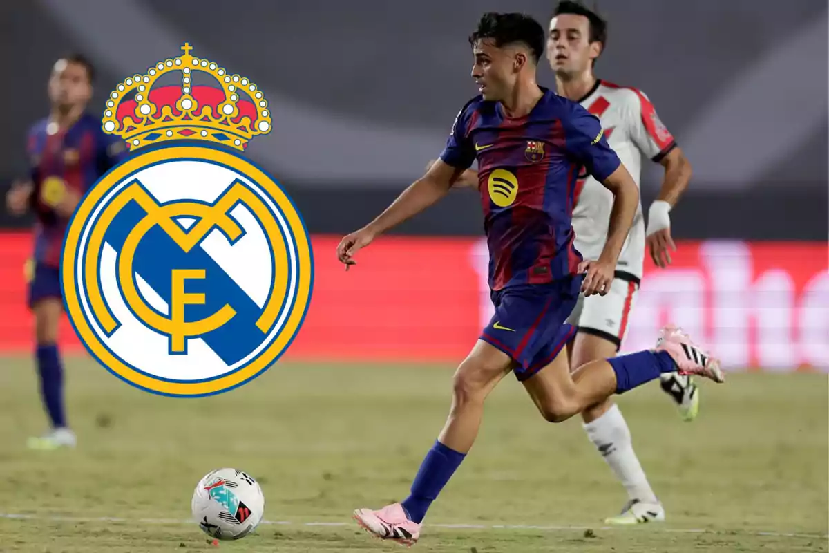 Barcelona player running with the ball during a match while the Real Madrid crest appears in the image