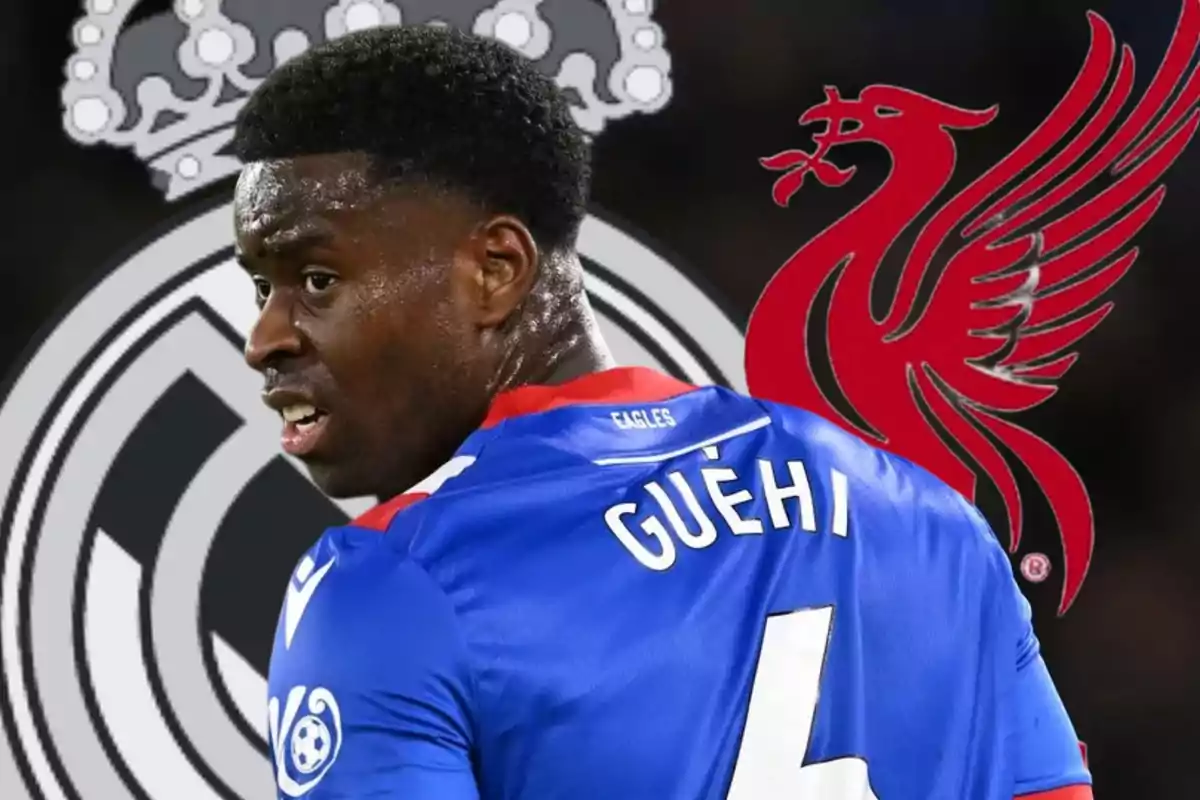 Soccer player wearing a blue jersey with the name Guehi on the back in front of the Real Madrid and Liverpool crests