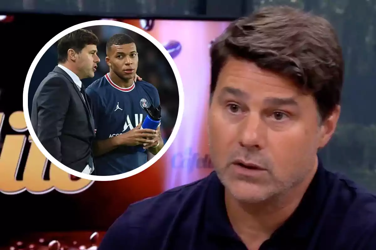 Un hombre de cabello corto y oscuro habla en un programa de televisión mientras en un recuadro aparece una imagen de dos personas en un estadio, una de ellas con uniforme deportivo y la otra con traje.