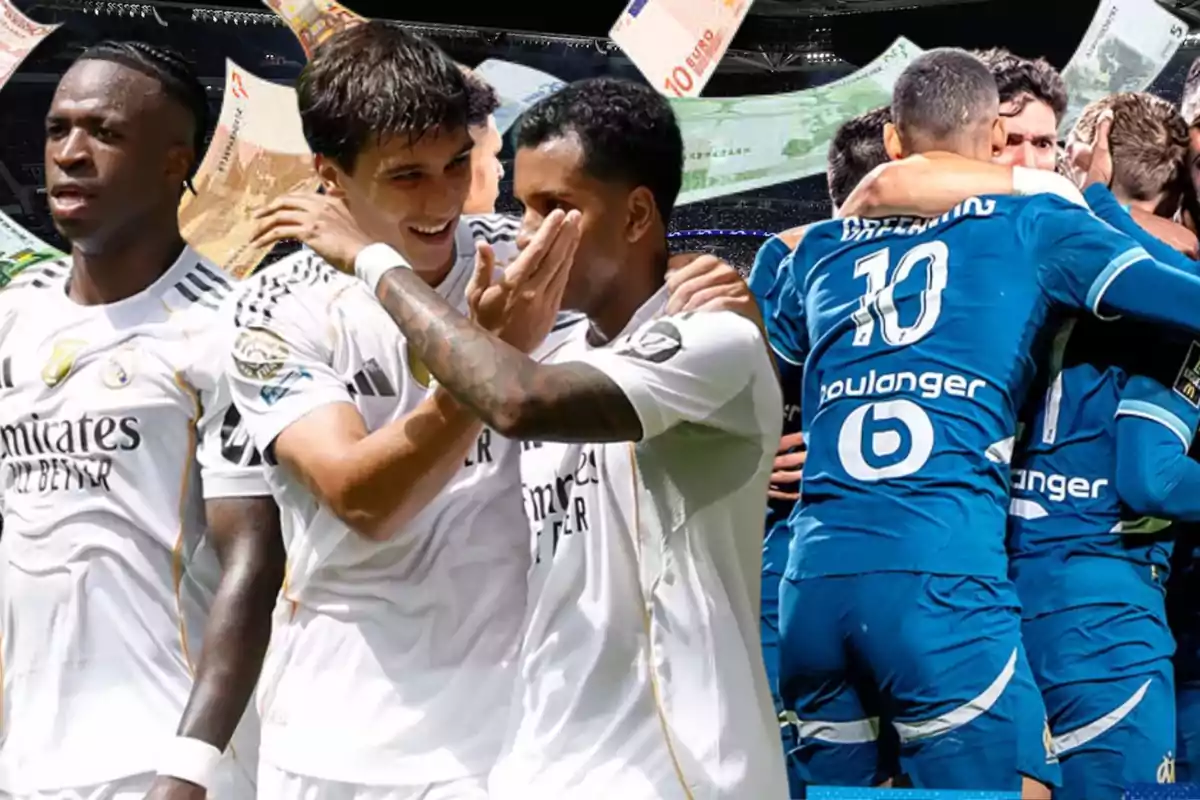 Jugadores de fútbol del Real Madrid y de un equipo rival celebrando en el campo con billetes de dinero flotando en el fondo