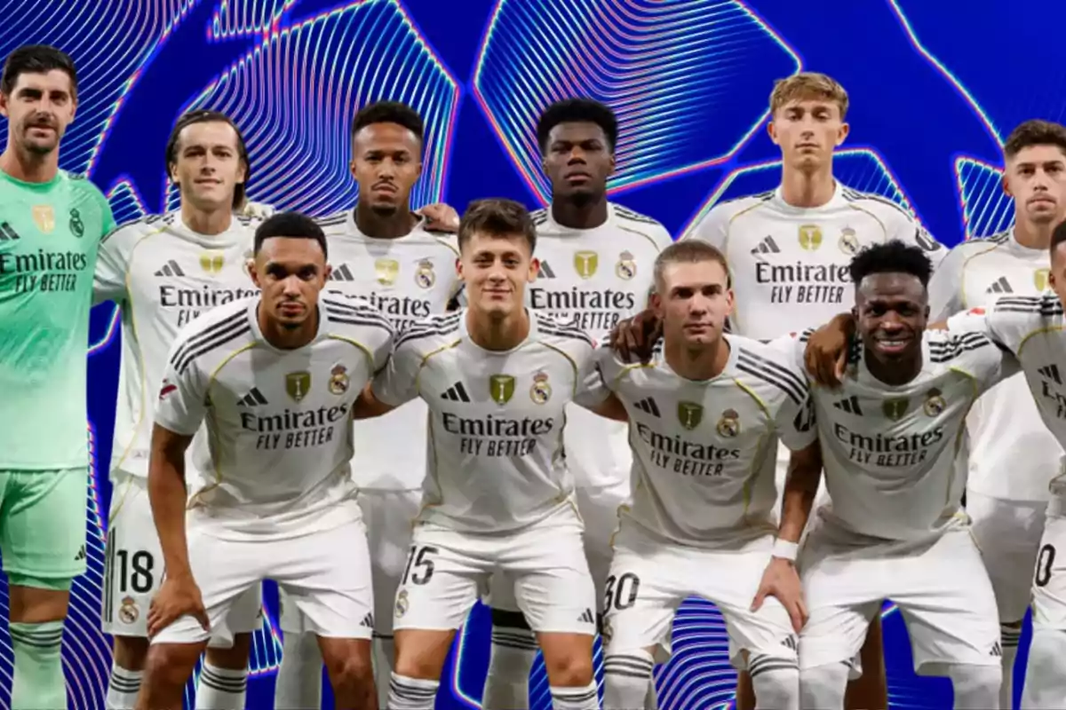 Eleven Real Madrid players pose together in their white uniforms against a blue background with abstract lines.