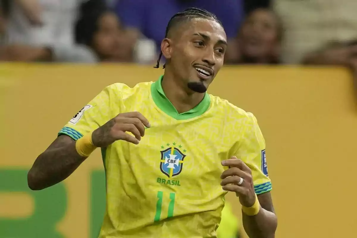 Brazil national team player celebrating during a match wearing the yellow and green uniform Brazil national team player celebrating during a match wearing the yellow and green uniform