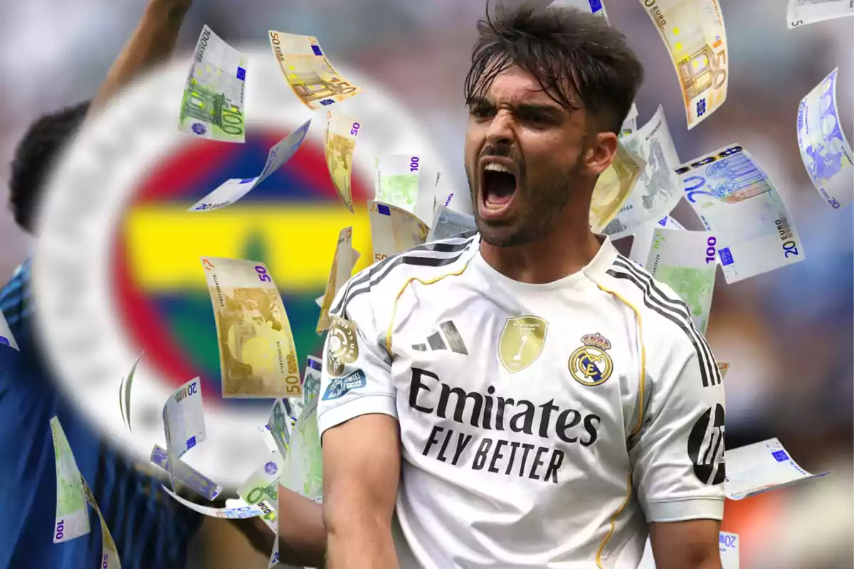 Real Madrid player celebrating with euro bills flying around and the blurred Fenerbahce crest in the background