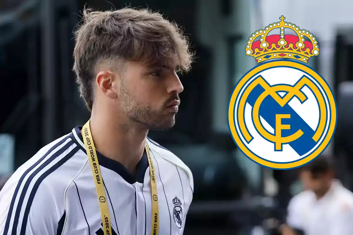 Young man wearing a Real Madrid jersey and a Club World Cup badge next to the club’s crest