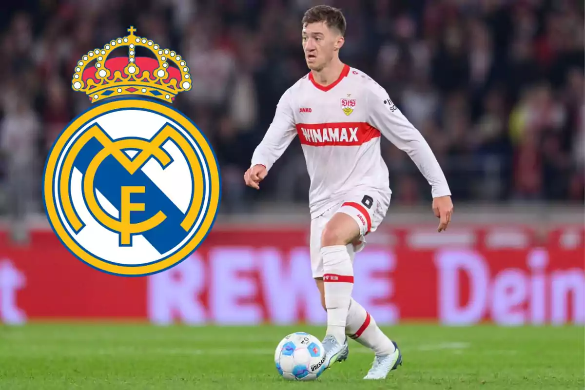 Stuttgart player in action on the field with the Real Madrid crest on the left