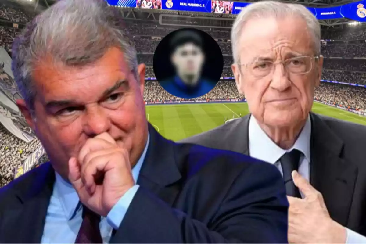 Dos hombres de traje en primer plano con un estadio de fútbol lleno de fondo y una figura desenfocada en el centro