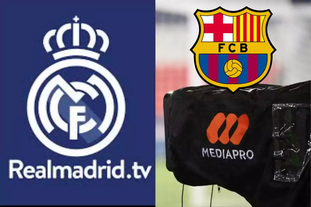 Logos de Real Madrid TV y Barcelona junto a una cámara de Mediapro