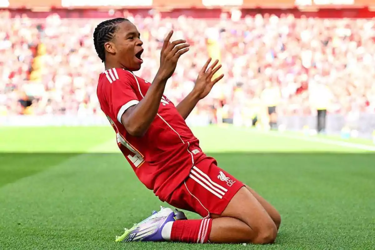 Soccer player in a red uniform celebrating a goal on his knees on the grass in a stadium full of fans. Soccer player in a red uniform celebrating a goal on his knees on the grass in a stadium full of fans.