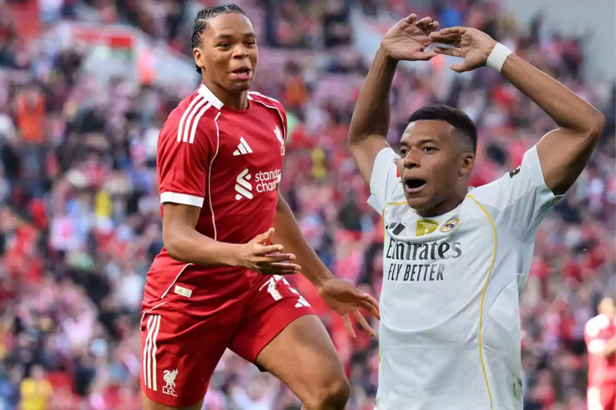 Two young players in action during a match, one wearing Liverpool’s red uniform and the other wearing Real Madrid’s white uniform, both with intense expressions and the crowd in the background.