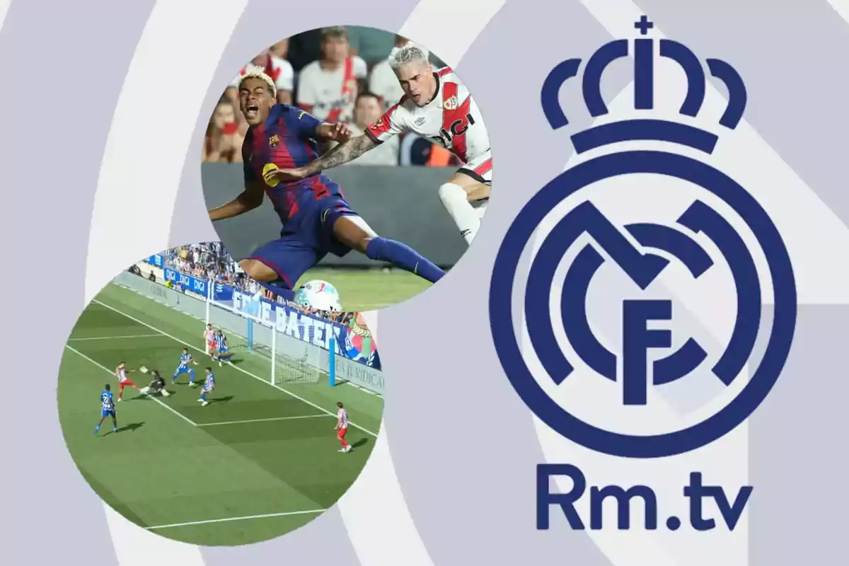 Dos imágenes circulares de partidos de fútbol y el logo de Real Madrid TV en grande a la derecha