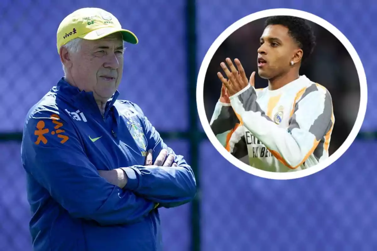 Coach of the Brazil national team wearing a yellow cap and blue jacket looks on thoughtfully while, in a circle, a player appears applauding in Real Madrid’s warm-up uniform.