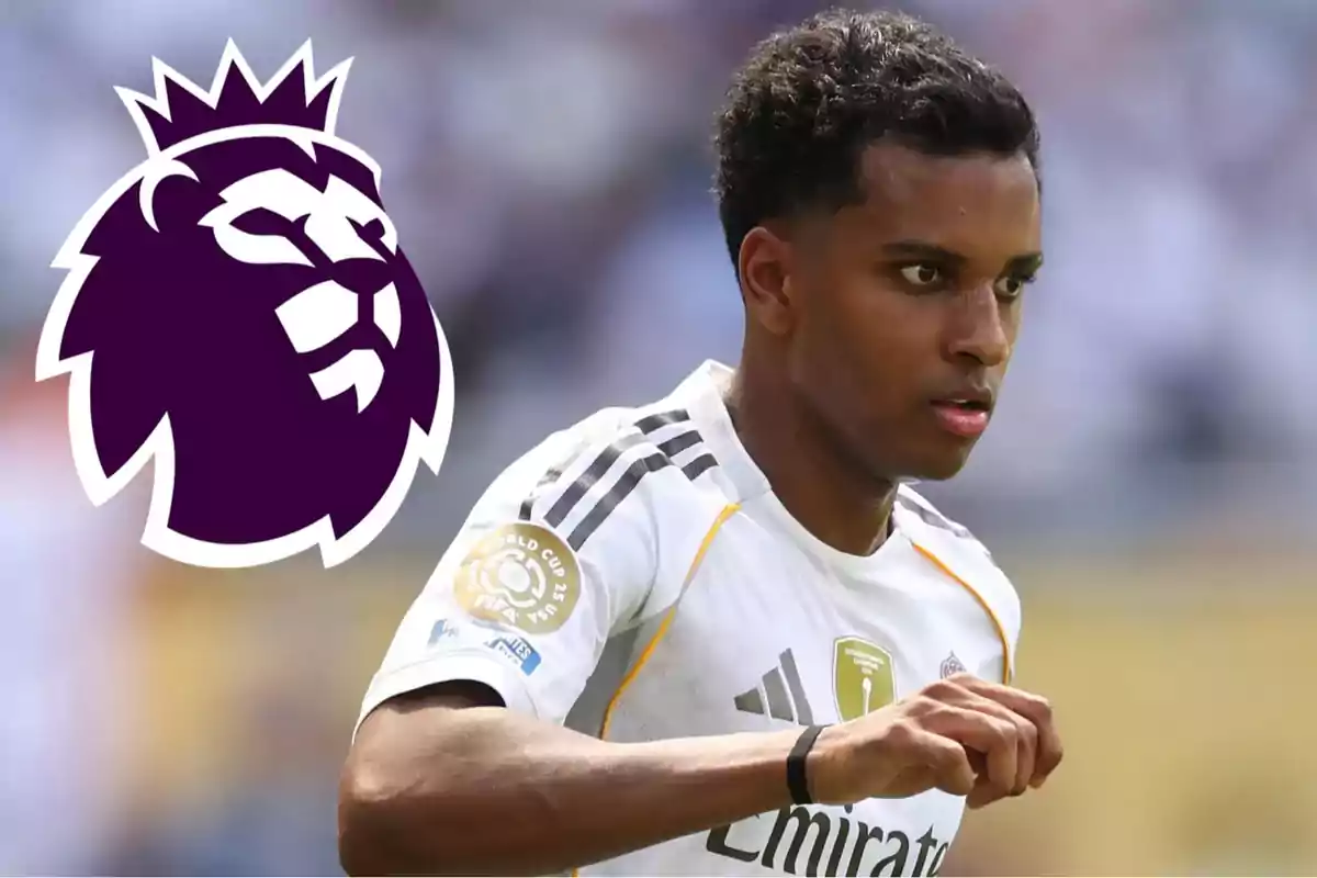 Soccer player in a white uniform next to the Premier League logo on a blurred background