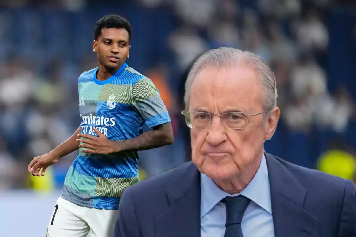 Un jugador del Real Madrid con uniforme de entrenamiento y un hombre mayor con gafas y expresión seria en primer plano
