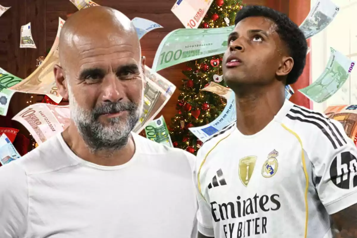 Dos hombres en primer plano, uno con camiseta blanca y otro con uniforme de fútbol del Real Madrid, con billetes flotando y un árbol de Navidad decorado al fondo