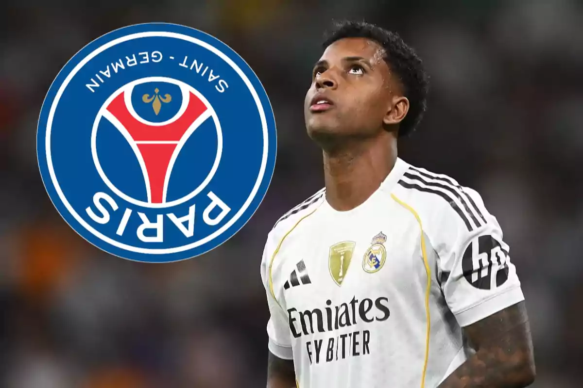 Futbolista del Real Madrid con la mirada hacia arriba y el escudo del PSG a su lado