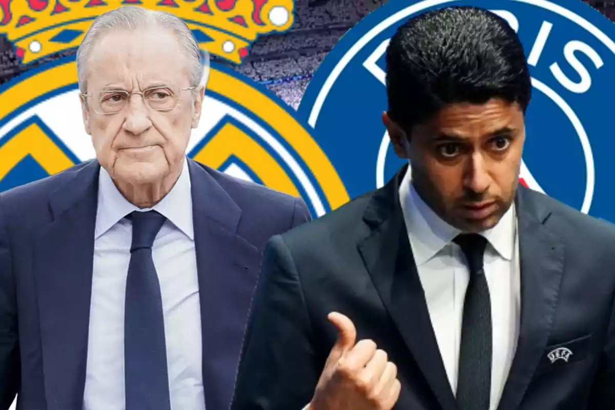 Two men in suits in front of the crests of the football teams Real Madrid and Paris Saint-Germain