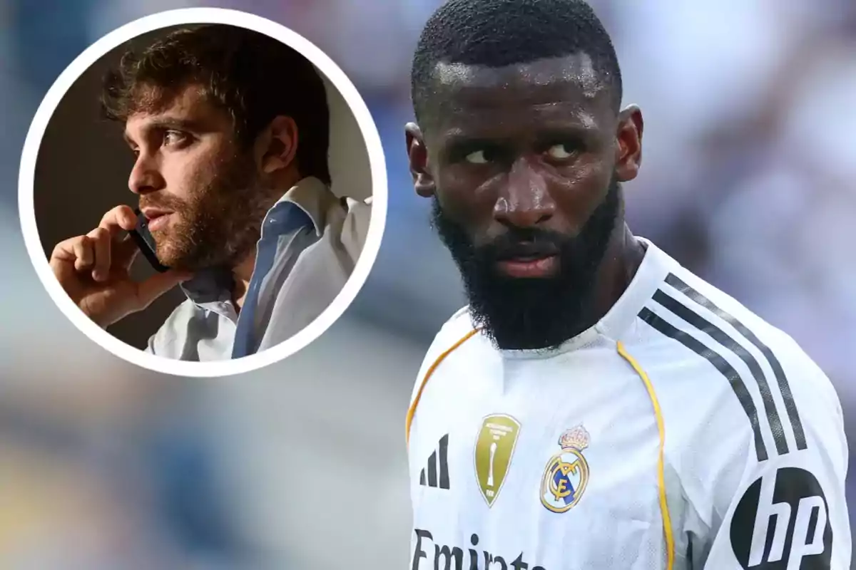 A Real Madrid player with a serious expression on the field and a man talking on the phone in a circular frame.