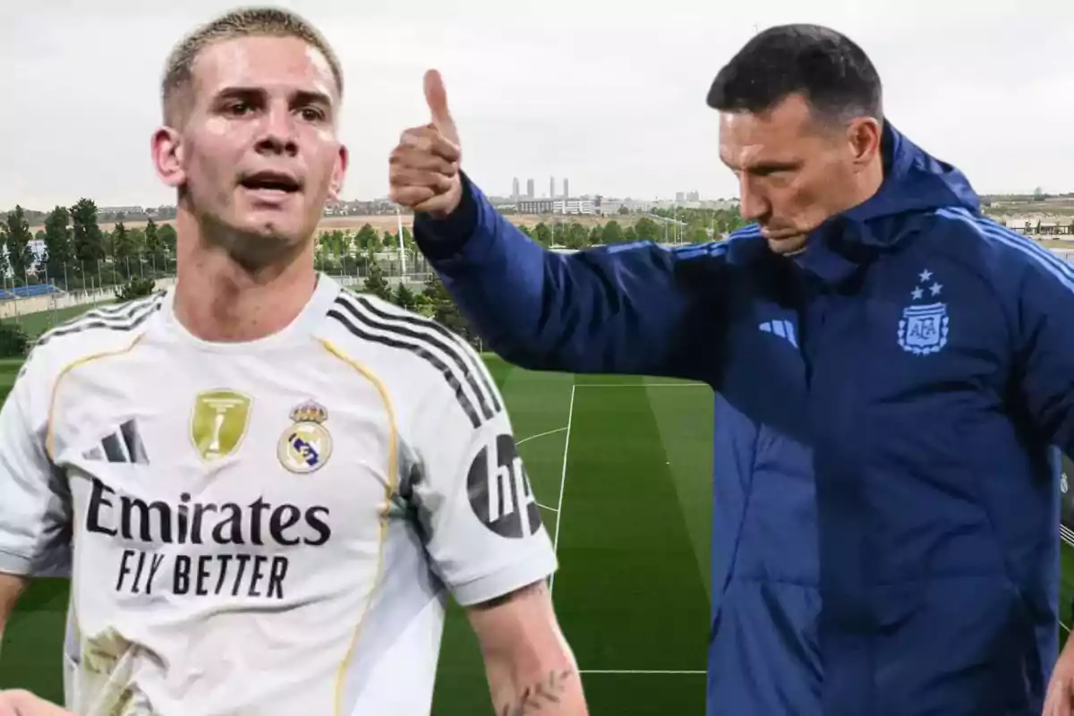 Un futbolista con camiseta del Real Madrid y un entrenador con chaqueta de la selección argentina están en un campo de entrenamiento, el entrenador levanta el pulgar en señal de aprobación.