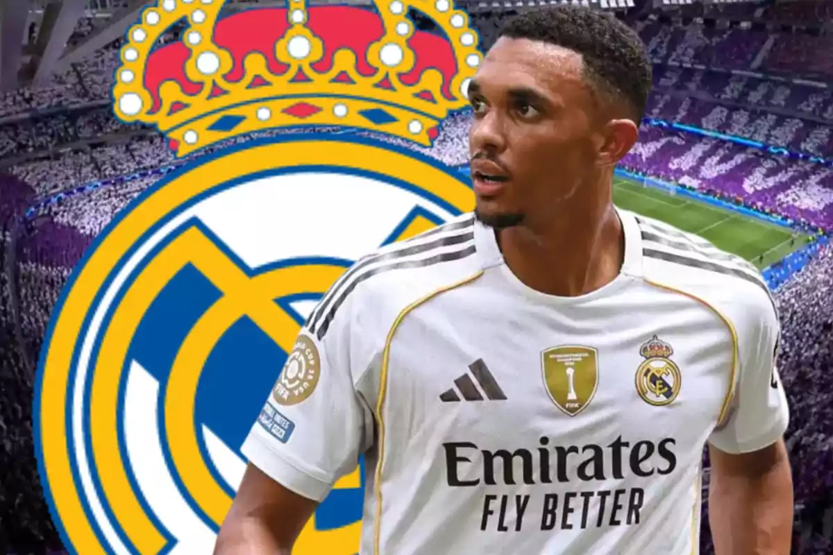 Futbolista con uniforme del Real Madrid frente al escudo del club y un estadio lleno de aficionados