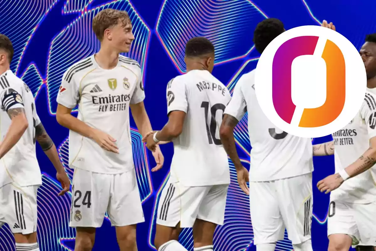 Real Madrid players in white uniforms celebrate on a field with a blue background and abstract lines, while a colorful logo partially covers the image.