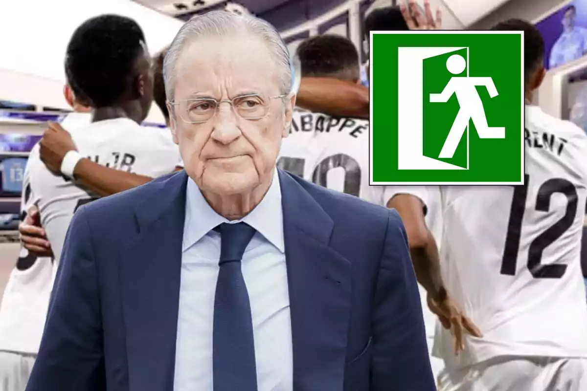 Hombre de traje con expresión seria al frente, jugadores de fútbol abrazados al fondo y un letrero verde de salida de emergencia en la esquina superior derecha