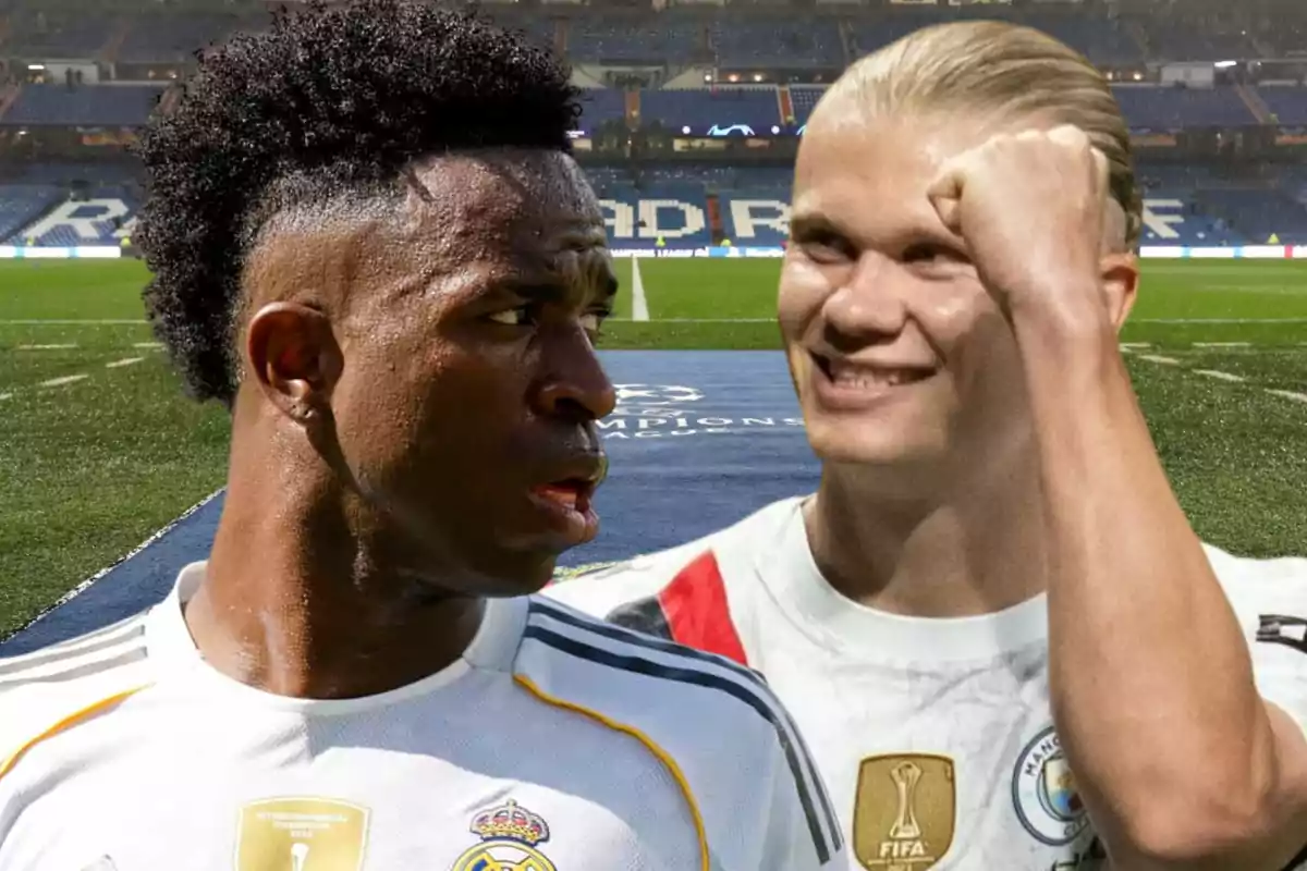 Two players in their team uniforms at a soccer stadium, one of them celebrating and the other looking to the side.