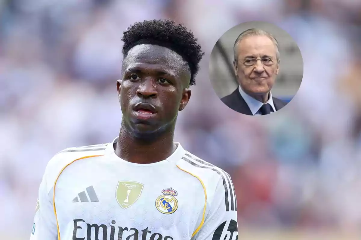 Real Madrid player in the foreground with an older man in a circle in the background