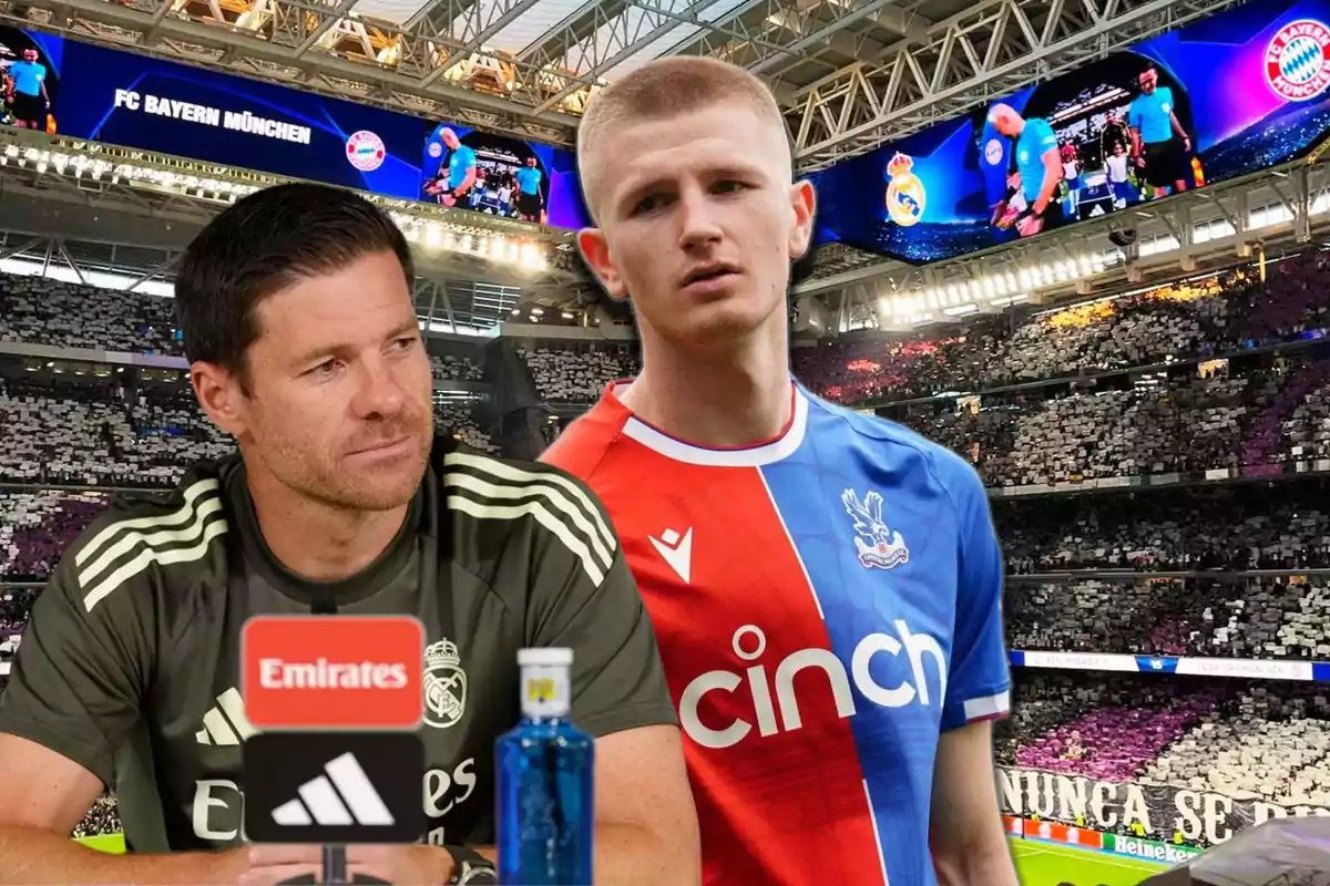 A soccer coach wearing a Real Madrid uniform is at a press conference, and next to him is a player in a Crystal Palace jersey in a packed stadium with screens displaying the Bayern Munich and Real Madrid crests.