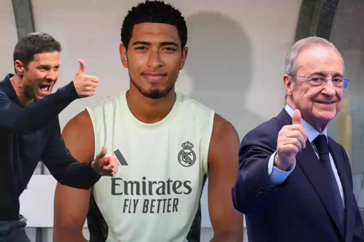 Three men pose smiling, two of them giving a thumbs up in approval, while the one in the center is wearing a Real Madrid training jersey.