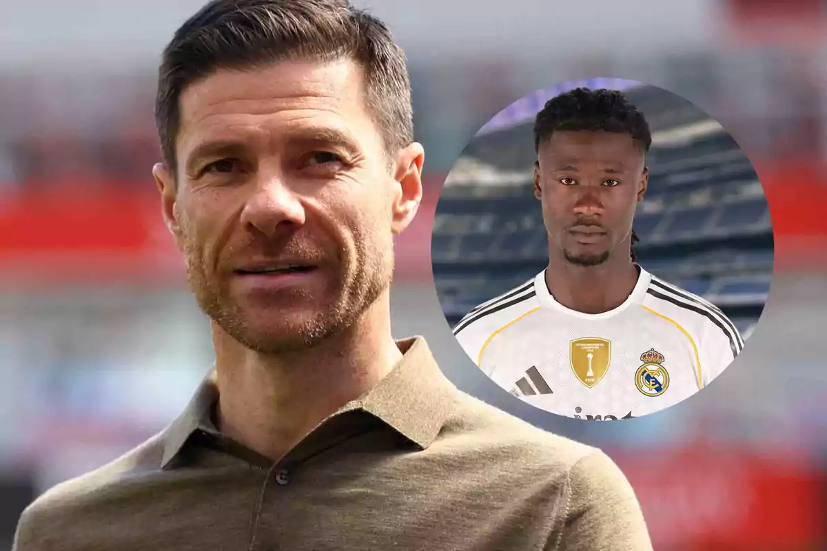 Un hombre de cabello corto y barba con camisa beige al frente y al fondo un círculo con la imagen de un futbolista con camiseta blanca del Real Madrid