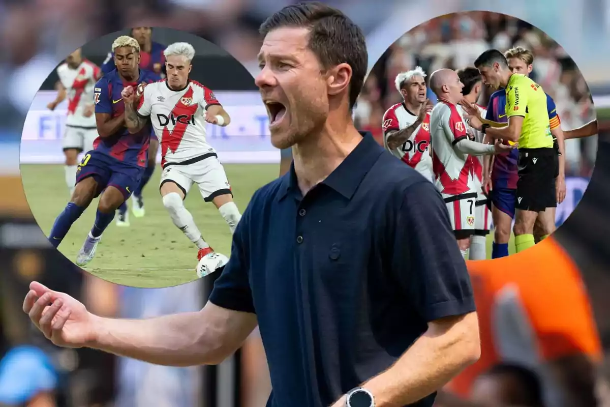 Entrenador de fútbol dando indicaciones en primer plano con dos escenas de un partido de fútbol al fondo donde jugadores disputan el balón y discuten con el árbitro.