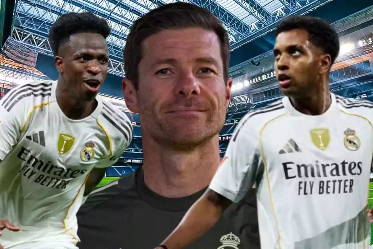 Three people related to Real Madrid appear in a soccer stadium, two of them wearing white uniforms and one in the center wearing dark clothing.