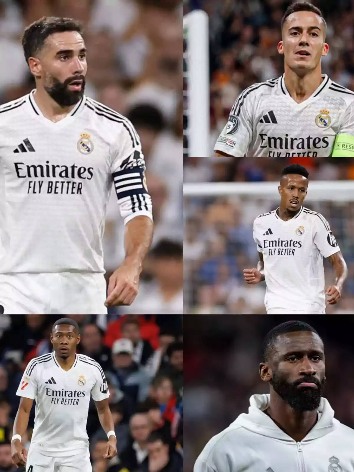 Five players in white Real Madrid uniforms in different poses during a match. Five players in white Real Madrid uniforms in different poses during a match.