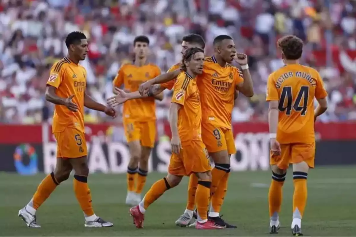 Soccer players in orange uniforms celebrate on the field during a match.