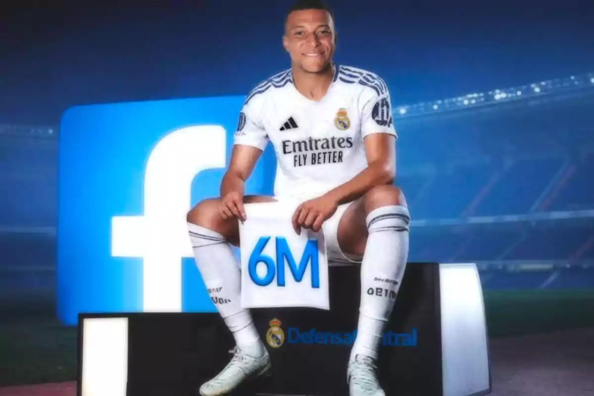 A player in a white Real Madrid uniform sits on a block displaying "6M" with a background that includes the Facebook logo.