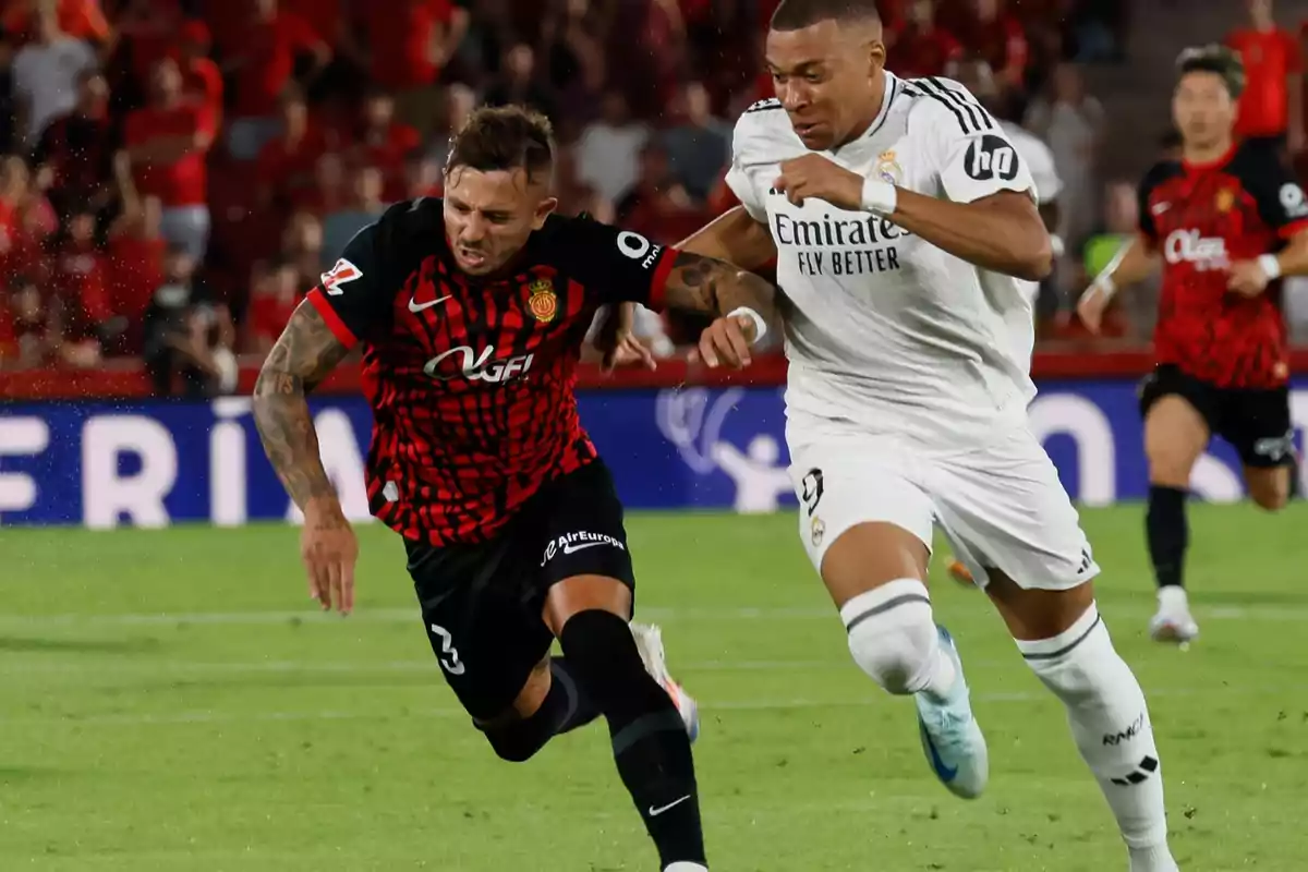 Two soccer players compete for the ball in a game. Two soccer players compete for the ball in a game.