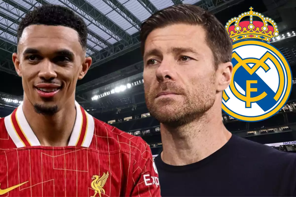 Dos hombres con camisetas de fútbol, uno del Liverpool y otro del Real Madrid, con un estadio de fondo.