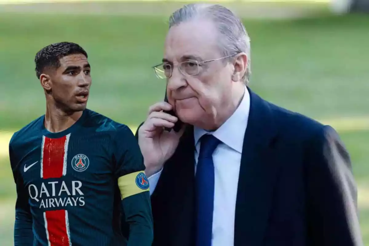 A soccer player in a PSG uniform and an older man talking on the phone.