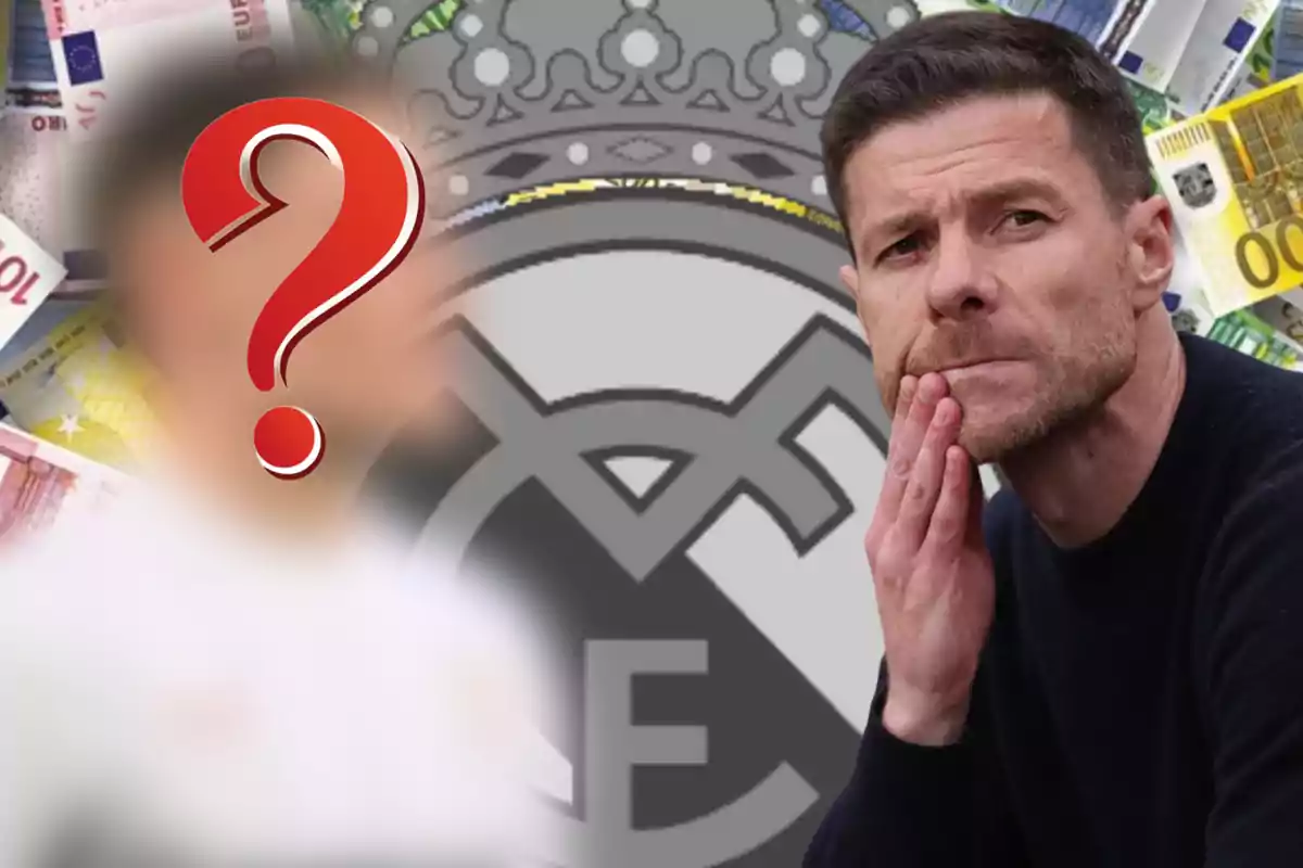 A thoughtful man in front of the Real Madrid crest with euro bills in the background and a blurred figure with a red question mark.
