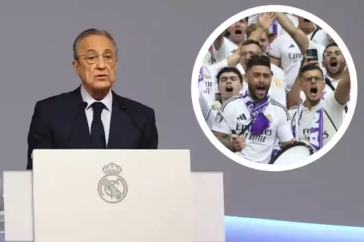 Un hombre en un podio con el logo del Real Madrid y una imagen circular de aficionados animando.