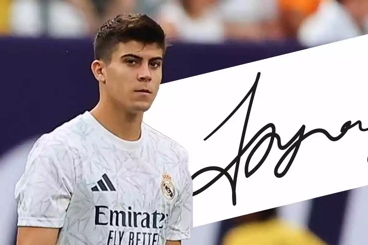 Un jugador de fútbol con camiseta blanca del Real Madrid y una firma en el fondo.