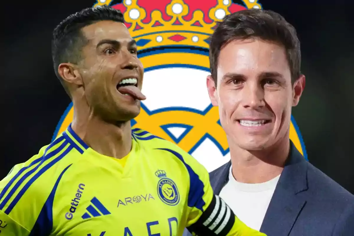 Two men pose in front of a large Real Madrid crest; one of them is wearing a yellow soccer uniform and sticking out his tongue, while the other is dressed in a dark jacket and smiling.