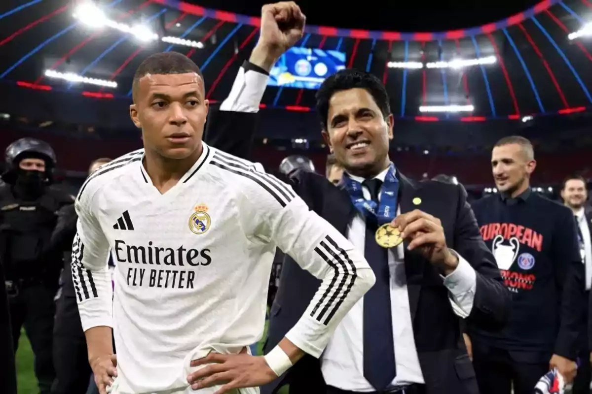 Un futbolista con el uniforme del Real Madrid está en primer plano mientras una persona sonriente sostiene una medalla en un estadio iluminado