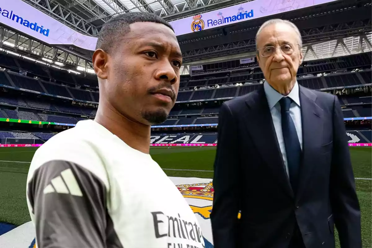 Un futbolista y un hombre de traje posan en el estadio del Real Madrid