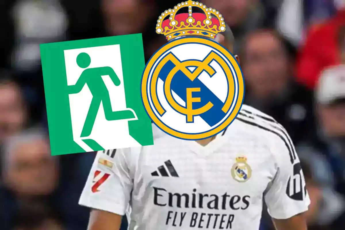 A player with his face covered by an emergency exit symbol and the Real Madrid crest.