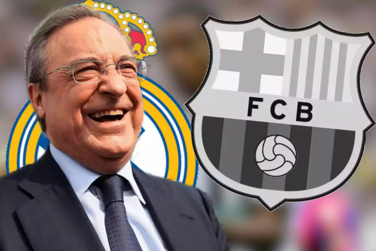 A smiling man with glasses and a suit is in front of the crests of two soccer teams.