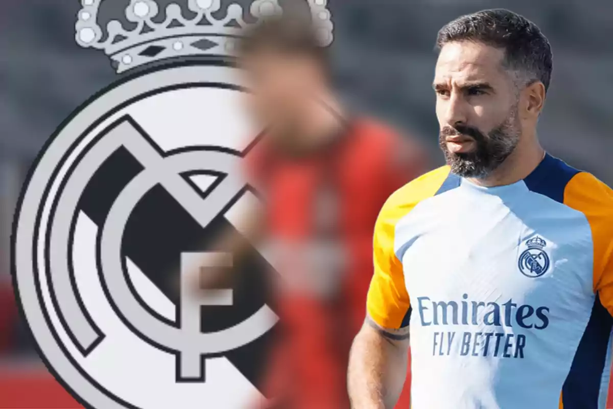 Jugador de fútbol con uniforme del Real Madrid junto al escudo del equipo.