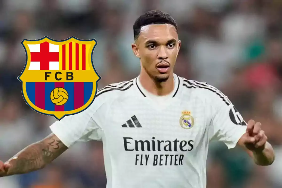Soccer player wearing a Real Madrid uniform with the FC Barcelona crest on the left side